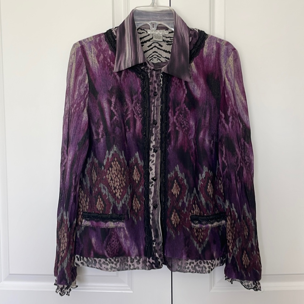Alberto Makali | Purple & Black Button Down Blouse | Sz. XL